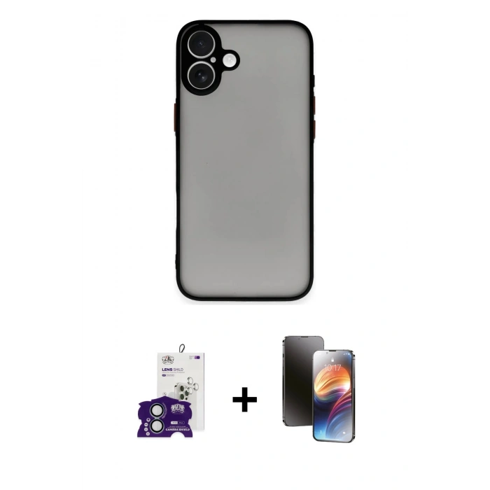 MARSİLYAN™- iPhone 16 Kılıf Ahenk Çizgi Serisi - Siyah 3D Antistatik Mat Seramik Nano Ekran Koruyucu + Bilvis Titan Kamera Lens - YL