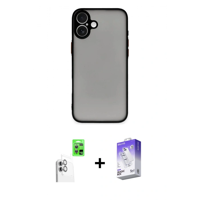 MARSİLYAN™- iPhone 16 Kılıf Ahenk Çizgi Serisi - Siyah Bilvis 5in1 3D Magic Cam Ekran Koruyucu + Raze Metal Kamera Lens - BZ