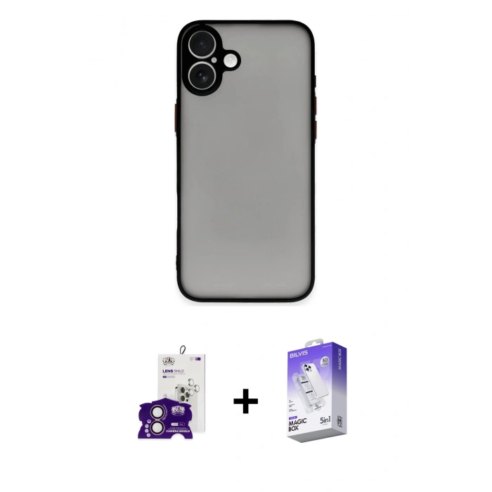 MARSİLYAN™- iPhone 16 Kılıf Ahenk Çizgi Serisi - Siyah Bilvis 5in1 3D Magic Cam Ekran Koruyucu + Bilvis Titan Kamera Lens - PE