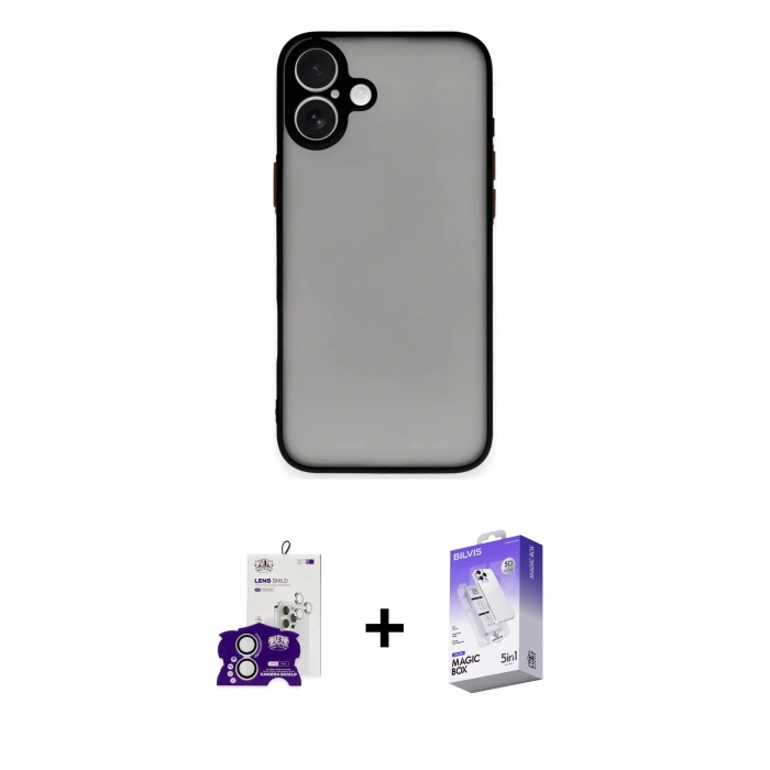 MARSİLYAN™- iPhone 16 Kılıf Ahenk Çizgi Serisi - Siyah Bilvis 5in1 3D Magic Cam Ekran Koruyucu + Bilvis Titan Kamera Lens - GS