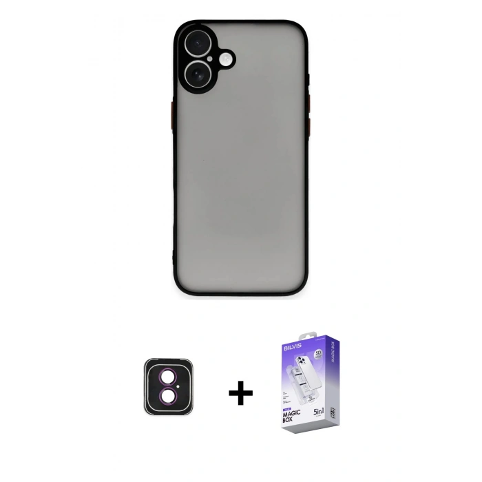 MARSİLYAN™- iPhone 16 Kılıf Ahenk Çizgi Serisi - Siyah Bilvis 5in1 3D Magic Cam Ekran Koruyucu + PVD Metal Kamera Lens - PE