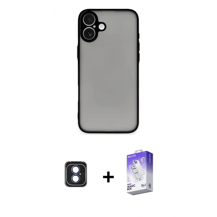 MARSİLYAN™- iPhone 16 Kılıf Ahenk Çizgi Serisi - Siyah Bilvis 5in1 3D Magic Cam Ekran Koruyucu + PVD Metal Kamera Lens - MI