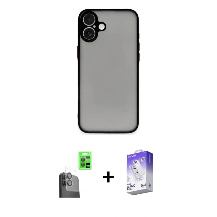 MARSİLYAN™- iPhone 16 Kılıf Ahenk Çizgi Serisi - Siyah Bilvis 5in1 3D Magic Cam Ekran Koruyucu + Raze Metal Kamera Lens - SH