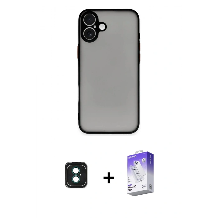 MARSİLYAN™- iPhone 16 Kılıf Ahenk Çizgi Serisi - Siyah Bilvis 5in1 3D Magic Cam Ekran Koruyucu + PVD Metal Kamera Lens - YL