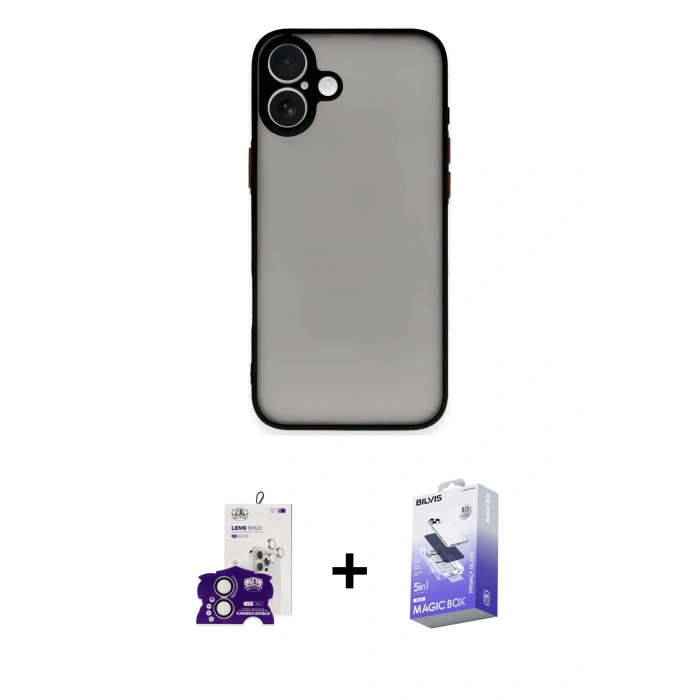 MARSİLYAN™- iPhone 16 Kılıf Ahenk Çizgi Serisi - Siyah Bilvis 5in1 5D Magic Hayalet Cam Ekran Koruyucu + Bilvis Titan Kamera Lens - PE