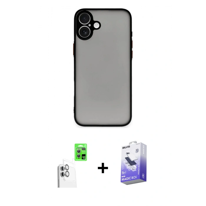 MARSİLYAN™- iPhone 16 Kılıf Ahenk Çizgi Serisi - Siyah Bilvis 5in1 5D Magic Hayalet Cam Ekran Koruyucu + Raze Metal Kamera Lens - BZ