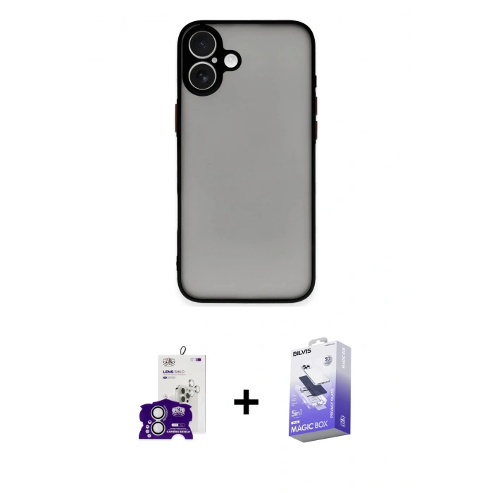MARSİLYAN™- iPhone 16 Kılıf Ahenk Çizgi Serisi - Siyah Bilvis 5in1 5D Magic Hayalet Cam Ekran Koruyucu + Bilvis Titan Kamera Lens - GS