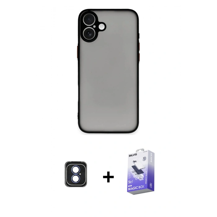MARSİLYAN™- iPhone 16 Kılıf Ahenk Çizgi Serisi - Siyah Bilvis 5in1 5D Magic Hayalet Cam Ekran Koruyucu + PVD Metal Kamera Lens - MI