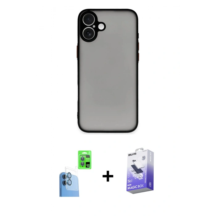 MARSİLYAN™- iPhone 16 Kılıf Ahenk Çizgi Serisi - Siyah Bilvis 5in1 5D Magic Hayalet Cam Ekran Koruyucu + Raze Metal Kamera Lens - LT
