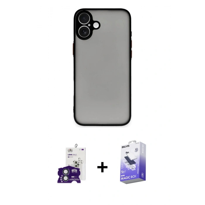 MARSİLYAN™- iPhone 16 Kılıf Ahenk Çizgi Serisi - Siyah Bilvis 5in1 5D Magic Hayalet Cam Ekran Koruyucu + Bilvis Titan Kamera Lens - YL