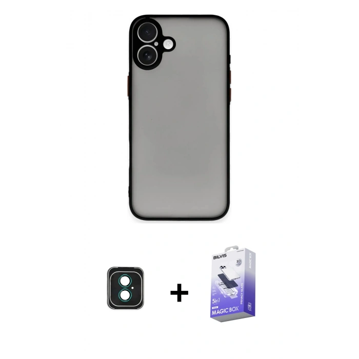 MARSİLYAN™- iPhone 16 Kılıf Ahenk Çizgi Serisi - Siyah Bilvis 5in1 5D Magic Hayalet Cam Ekran Koruyucu + PVD Metal Kamera Lens - YL