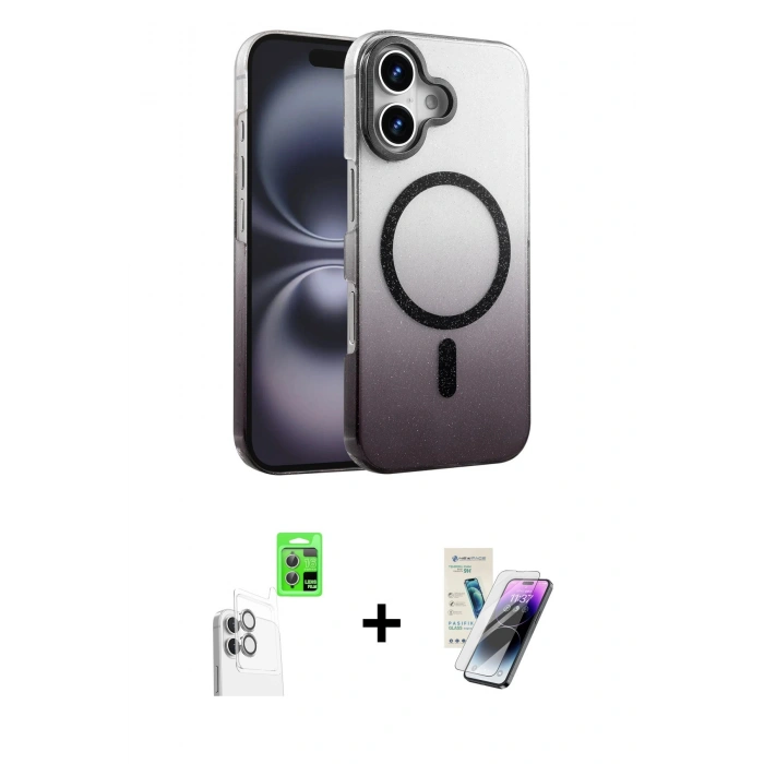 MARSİLYAN™- iPhone 16 Kılıf Ahenk Doku Özel Seri - Şeffaf Pasifik Cam Ekran Koruyucu + Raze Metal Kamera Lens - BZ