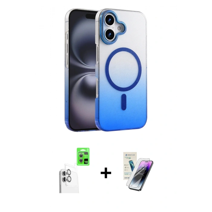 MARSİLYAN™- iPhone 16 Kılıf Ahenk Doku Özel Seri - Şeffaf Pasifik Cam Ekran Koruyucu + Raze Metal Kamera Lens - BZ