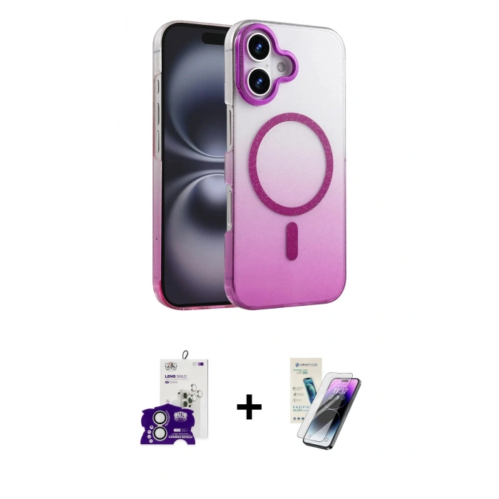 MARSİLYAN™- iPhone 16 Kılıf Ahenk Doku Özel Seri - Şeffaf Pasifik Cam Ekran Koruyucu + Bilvis Titan Kamera Lens - GS