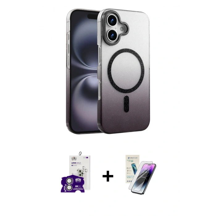 MARSİLYAN™- iPhone 16 Kılıf Ahenk Doku Özel Seri - Şeffaf Pasifik Cam Ekran Koruyucu + Bilvis Titan Kamera Lens - GS