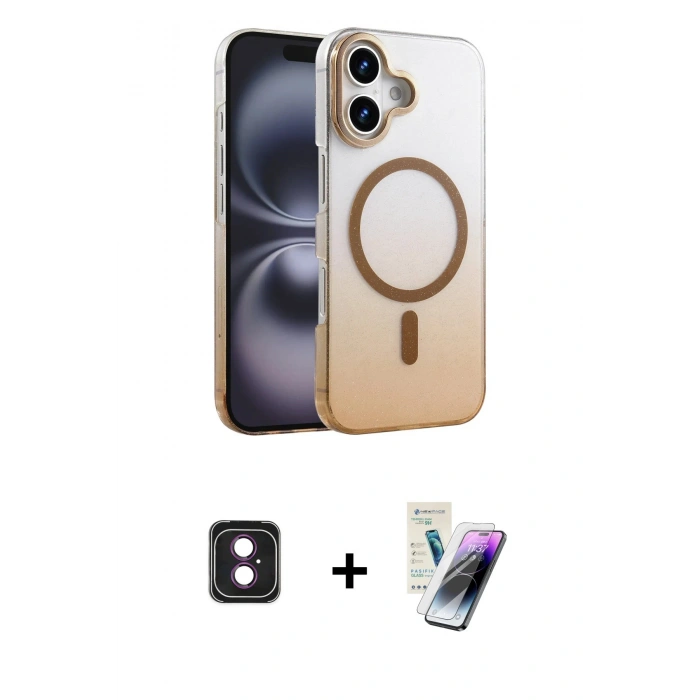 MARSİLYAN™- iPhone 16 Kılıf Ahenk Doku Özel Seri - Şeffaf Pasifik Cam Ekran Koruyucu + PVD Metal Kamera Lens - PE