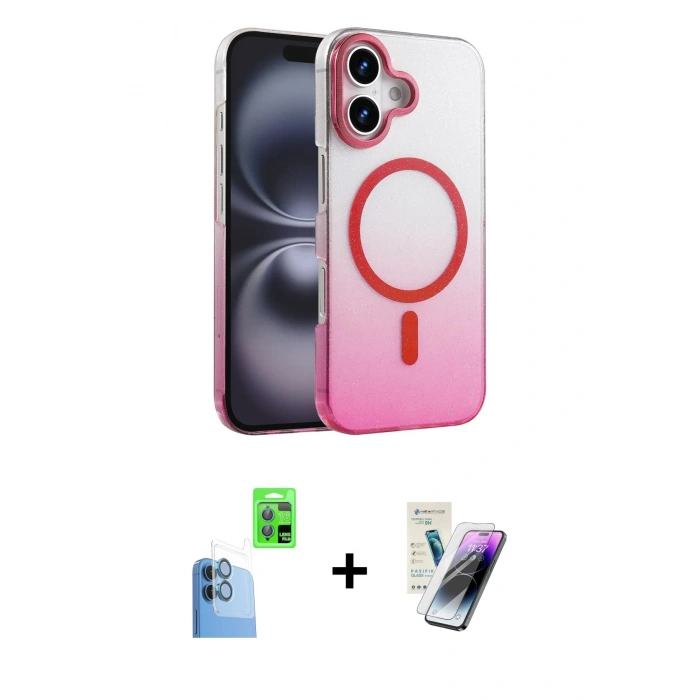 MARSİLYAN™- iPhone 16 Kılıf Ahenk Doku Özel Seri - Şeffaf Pasifik Cam Ekran Koruyucu + Raze Metal Kamera Lens - LT