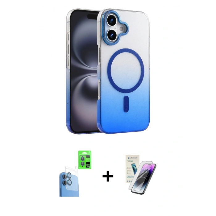 MARSİLYAN™- iPhone 16 Kılıf Ahenk Doku Özel Seri - Şeffaf Pasifik Cam Ekran Koruyucu + Raze Metal Kamera Lens - LT