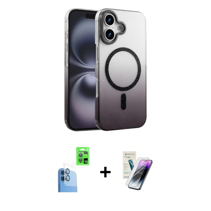 MARSİLYAN™- iPhone 16 Kılıf Ahenk Doku Özel Seri - Şeffaf Pasifik Cam Ekran Koruyucu + Raze Metal Kamera Lens - LT
