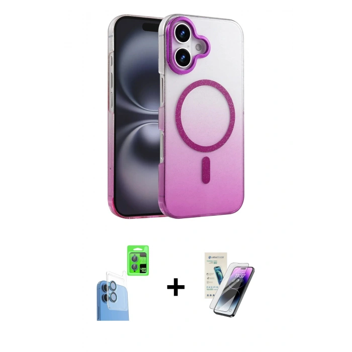MARSİLYAN™- iPhone 16 Kılıf Ahenk Doku Özel Seri - Şeffaf Pasifik Cam Ekran Koruyucu + Raze Metal Kamera Lens - LT