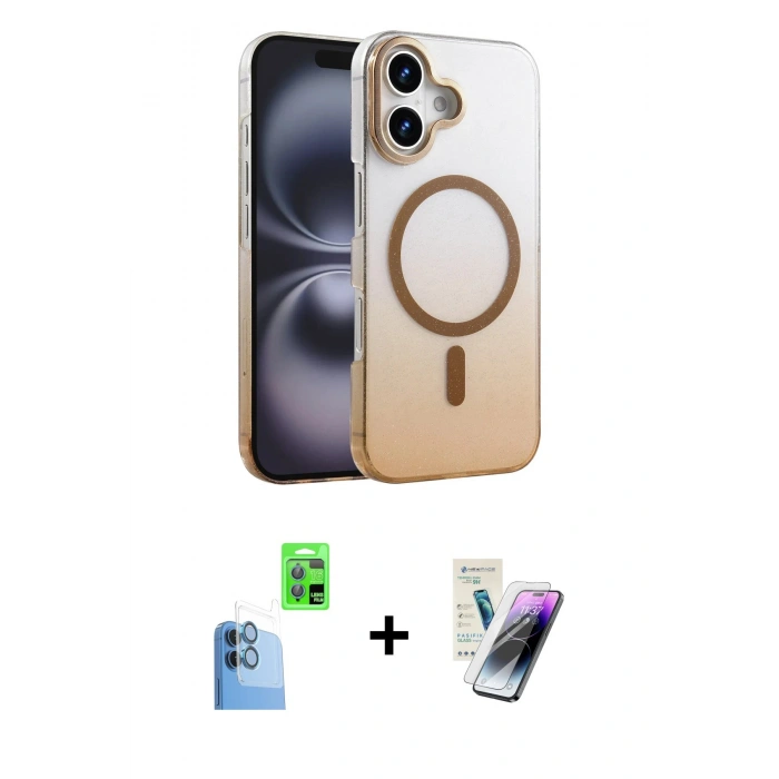 MARSİLYAN™- iPhone 16 Kılıf Ahenk Doku Özel Seri - Şeffaf Pasifik Cam Ekran Koruyucu + Raze Metal Kamera Lens - LT