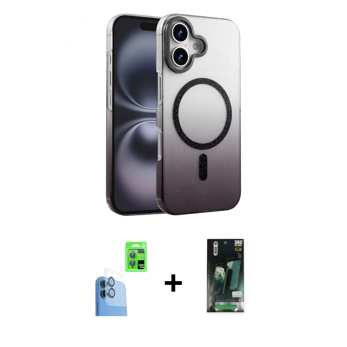 MARSİLYAN™- iPhone 16 Kılıf Ahenk Doku Özel Seri - Siyah 360 Mat Full Body Arka Koruyucu + Raze Metal Kamera Lens - LT