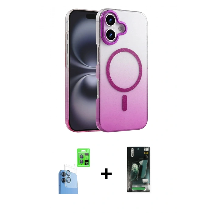MARSİLYAN™- iPhone 16 Kılıf Ahenk Doku Özel Seri - Siyah 360 Mat Full Body Arka Koruyucu + Raze Metal Kamera Lens - LT