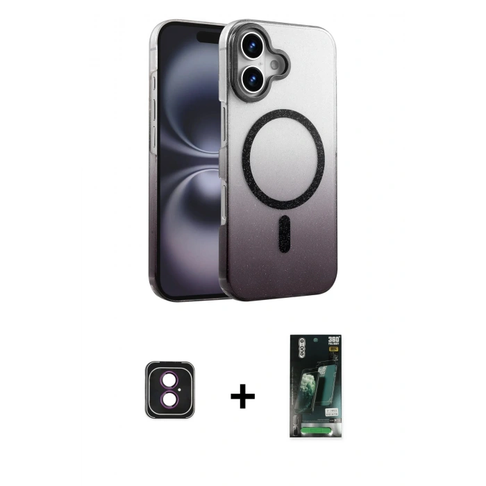 MARSİLYAN™- iPhone 16 Kılıf Ahenk Doku Özel Seri - Siyah 360 Mat Full Body Arka Koruyucu + PVD Metal Kamera Lens - PE