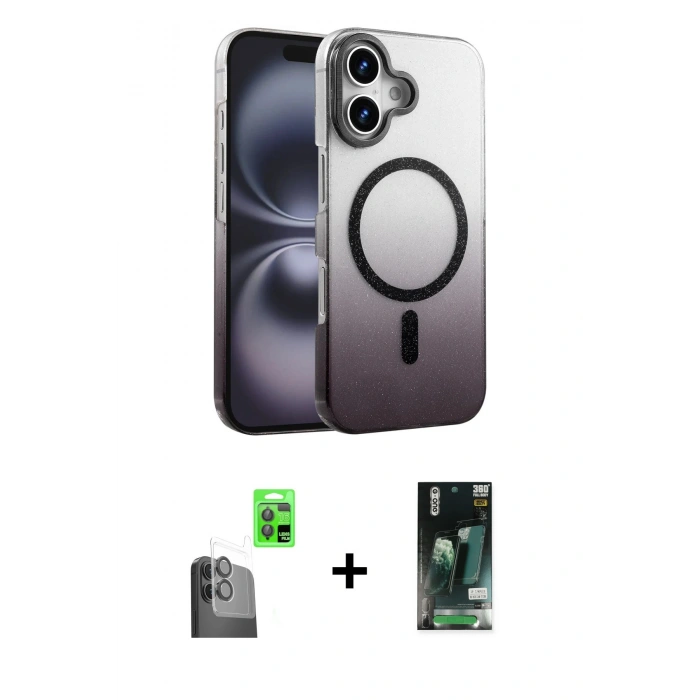 MARSİLYAN™- iPhone 16 Kılıf Ahenk Doku Özel Seri - Siyah 360 Mat Full Body Arka Koruyucu + Raze Metal Kamera Lens - SH