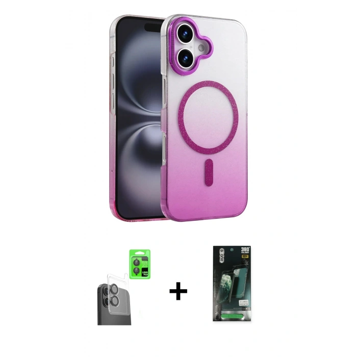MARSİLYAN™- iPhone 16 Kılıf Ahenk Doku Özel Seri - Siyah 360 Mat Full Body Arka Koruyucu + Raze Metal Kamera Lens - SH