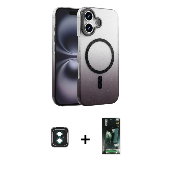 MARSİLYAN™- iPhone 16 Kılıf Ahenk Doku Özel Seri - Siyah 360 Mat Full Body Arka Koruyucu + PVD Metal Kamera Lens - YL