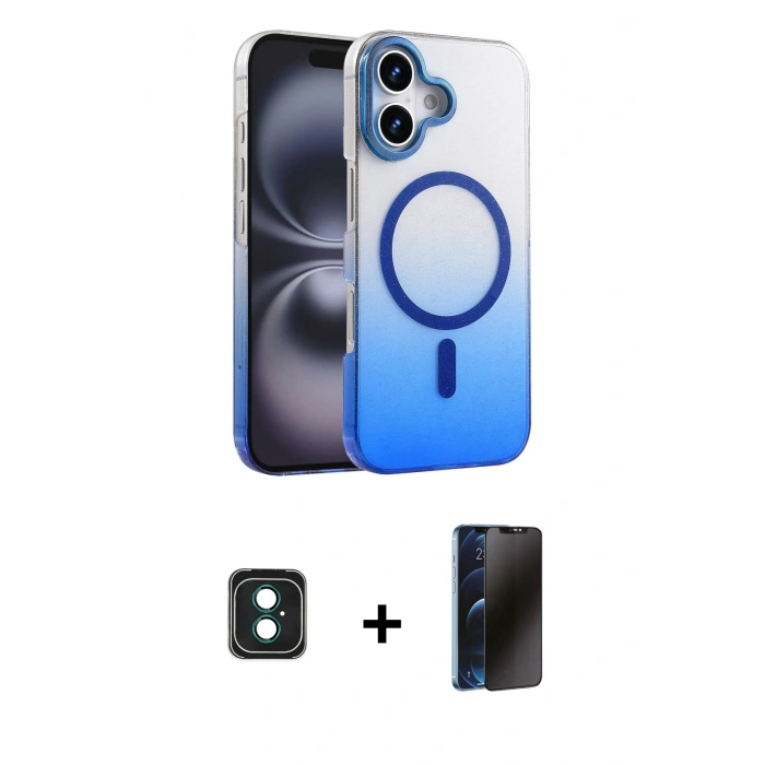 MARSİLYAN™- iPhone 16 Kılıf Ahenk Doku Özel Seri - Siyah 3D Antistatik Hayalet Cam Ekran Koruyucu + PVD Metal Kamera Lens - YL