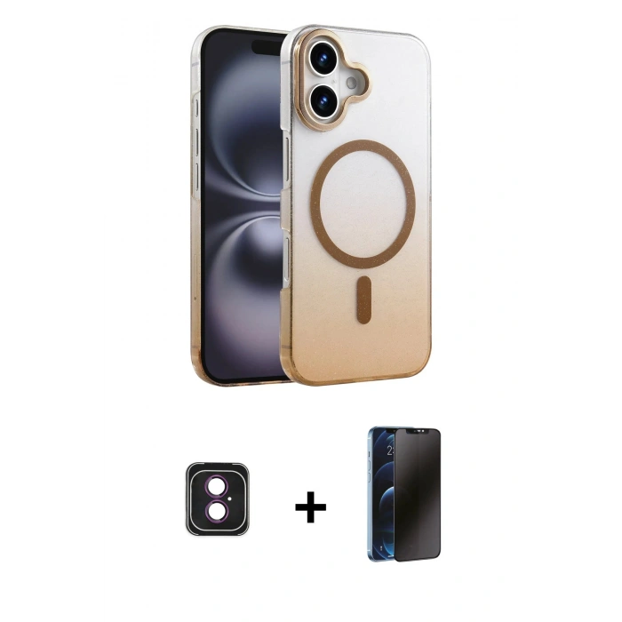 MARSİLYAN™- iPhone 16 Kılıf Ahenk Doku Özel Seri - Siyah 3D Antistatik Hayalet Cam Ekran Koruyucu + PVD Metal Kamera Lens - PE