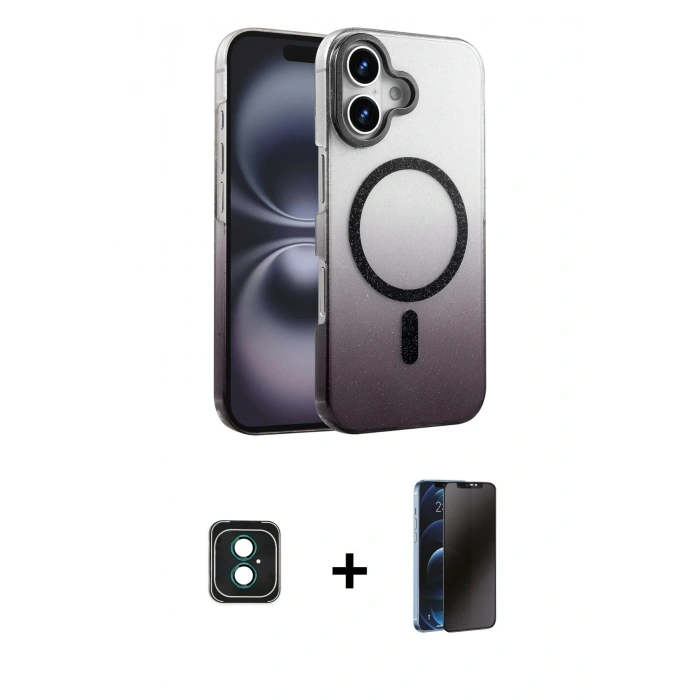 MARSİLYAN™- iPhone 16 Kılıf Ahenk Doku Özel Seri - Siyah 3D Antistatik Hayalet Cam Ekran Koruyucu + PVD Metal Kamera Lens - YL