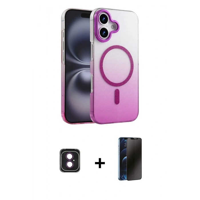 MARSİLYAN™- iPhone 16 Kılıf Ahenk Doku Özel Seri - Siyah 3D Antistatik Hayalet Cam Ekran Koruyucu + PVD Metal Kamera Lens - PE