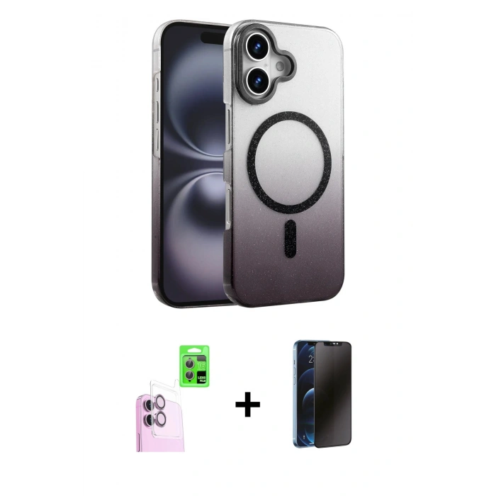 MARSİLYAN™- iPhone 16 Kılıf Ahenk Doku Özel Seri - Siyah 3D Antistatik Hayalet Cam Ekran Koruyucu + Raze Metal Kamera Lens - PE