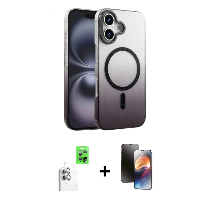 MARSİLYAN™- iPhone 16 Kılıf Ahenk Doku Özel Seri - Siyah 3D Antistatik Mat Seramik Nano Ekran Koruyucu + Raze Metal Kamera Lens - BZ