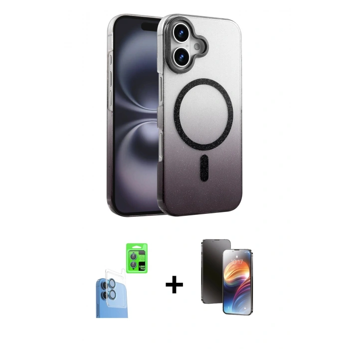 MARSİLYAN™- iPhone 16 Kılıf Ahenk Doku Özel Seri - Siyah 3D Antistatik Mat Seramik Nano Ekran Koruyucu + Raze Metal Kamera Lens - LT