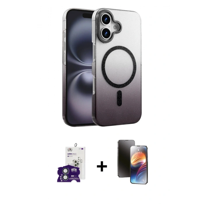 MARSİLYAN™- iPhone 16 Kılıf Ahenk Doku Özel Seri - Siyah 3D Antistatik Mat Seramik Nano Ekran Koruyucu + Yeşil Bilvis Titan Kamera Lens