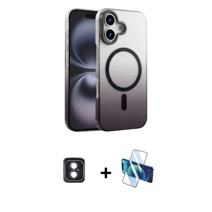 MARSİLYAN™- iPhone 16 Kılıf Ahenk Doku Özel Seri - Siyah 3D Antistatik Seramik Nano Ekran Koruyucu + PVD Metal Kamera Lens - MI