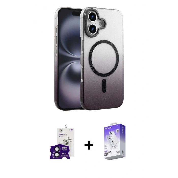 MARSİLYAN™- iPhone 16 Kılıf Ahenk Doku Özel Seri - Siyah Bilvis 5in1 3D Magic Cam Ekran Koruyucu + Bilvis Titan Kamera Lens - SH