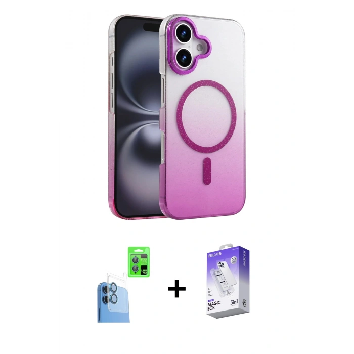 MARSİLYAN™- iPhone 16 Kılıf Ahenk Doku Özel Seri - Siyah Bilvis 5in1 3D Magic Cam Ekran Koruyucu + Raze Metal Kamera Lens - LT