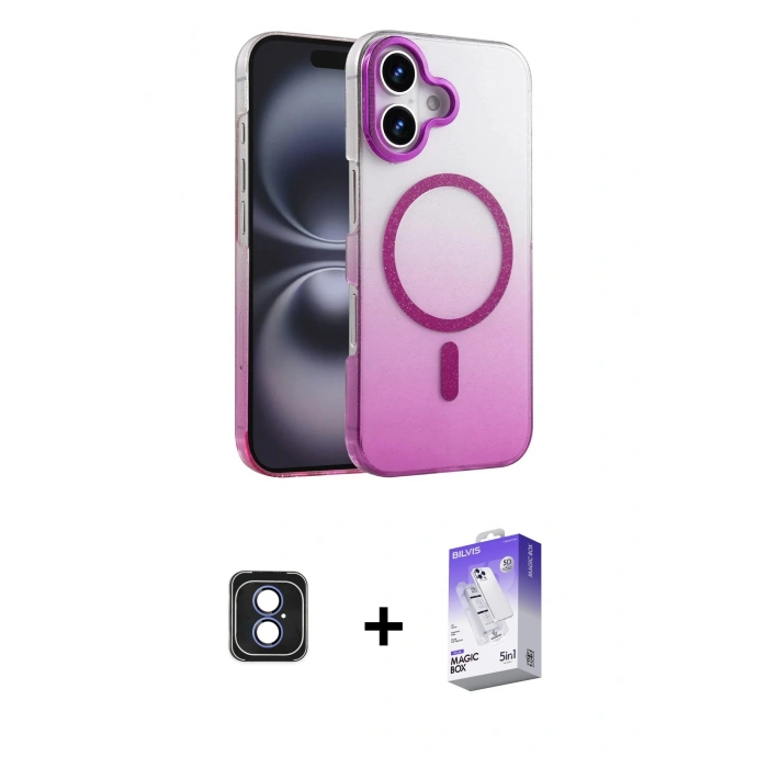 MARSİLYAN™- iPhone 16 Kılıf Ahenk Doku Özel Seri - Siyah Bilvis 5in1 3D Magic Cam Ekran Koruyucu + PVD Metal Kamera Lens - MI