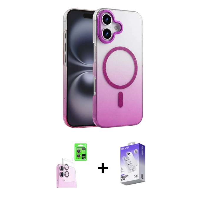 MARSİLYAN™- iPhone 16 Kılıf Ahenk Doku Özel Seri - Siyah Bilvis 5in1 3D Magic Cam Ekran Koruyucu + Raze Metal Kamera Lens - PE