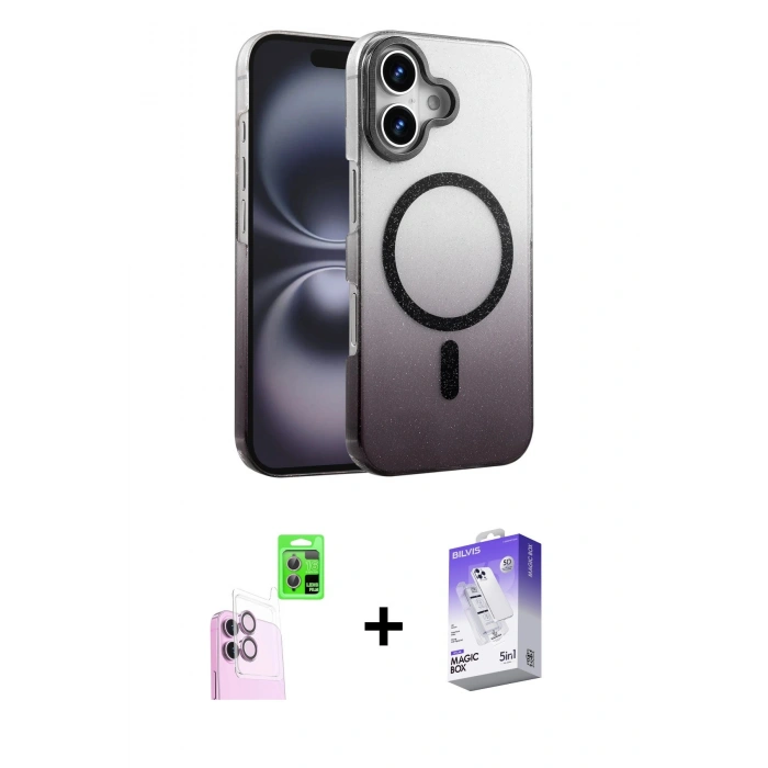 MARSİLYAN™- iPhone 16 Kılıf Ahenk Doku Özel Seri - Siyah Bilvis 5in1 3D Magic Cam Ekran Koruyucu + Raze Metal Kamera Lens - PE