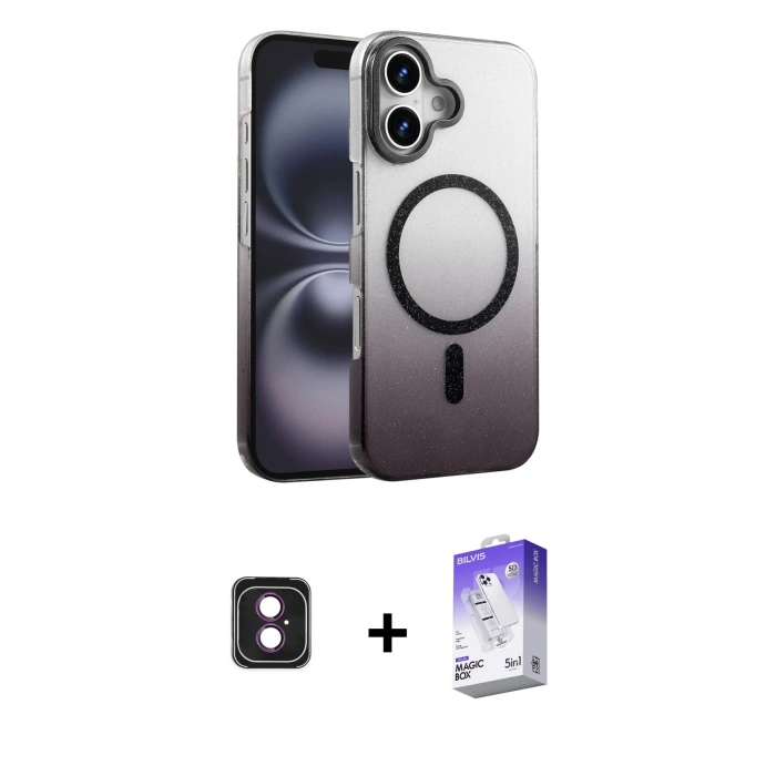MARSİLYAN™- iPhone 16 Kılıf Ahenk Doku Özel Seri - Siyah Bilvis 5in1 3D Magic Cam Ekran Koruyucu + PVD Metal Kamera Lens - PE