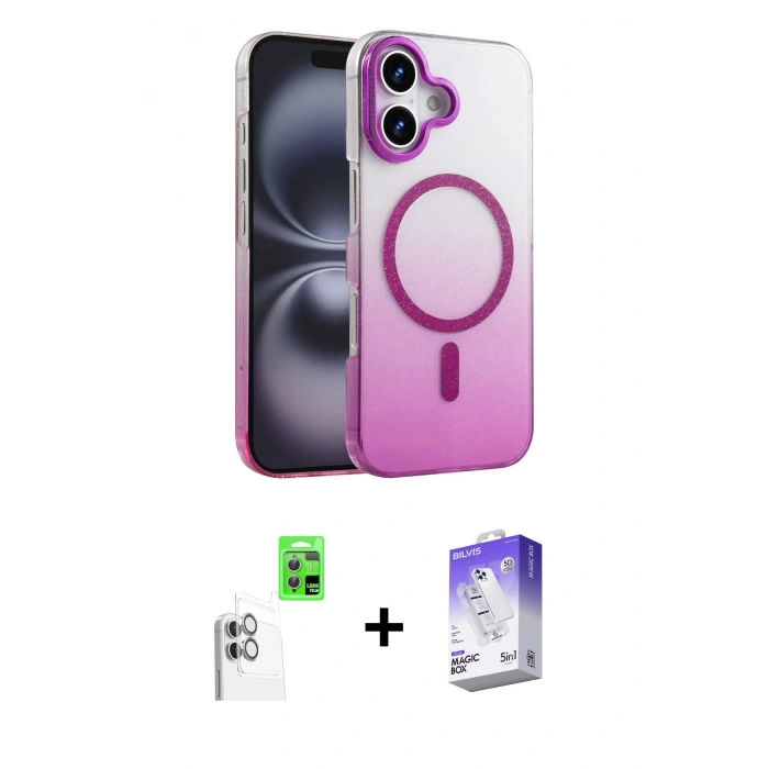 MARSİLYAN™- iPhone 16 Kılıf Ahenk Doku Özel Seri - Siyah Bilvis 5in1 3D Magic Cam Ekran Koruyucu + Raze Metal Kamera Lens - BZ