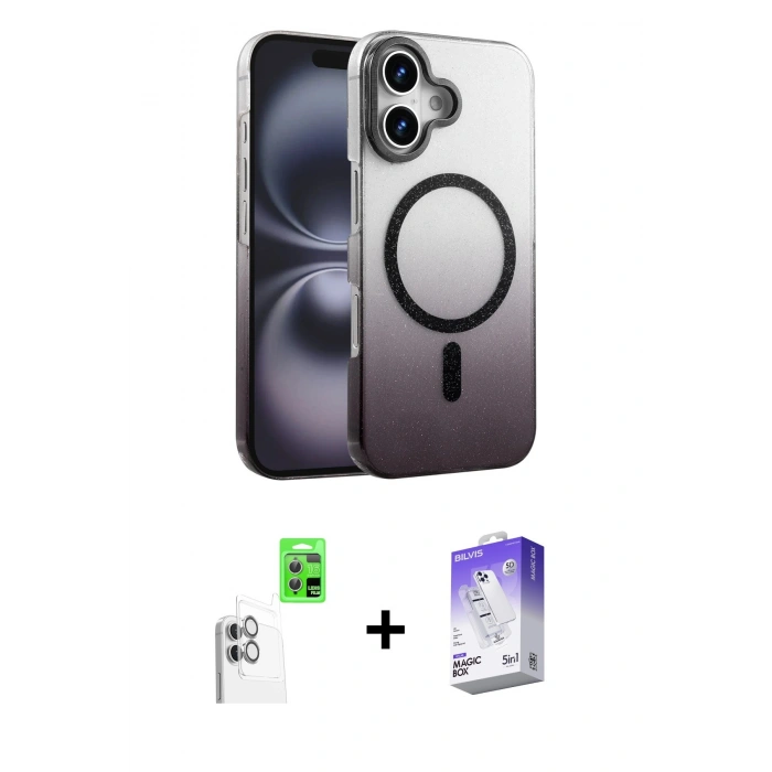 MARSİLYAN™- iPhone 16 Kılıf Ahenk Doku Özel Seri - Siyah Bilvis 5in1 3D Magic Cam Ekran Koruyucu + Raze Metal Kamera Lens - BZ