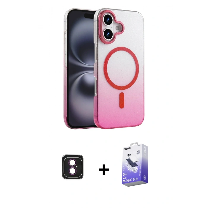 MARSİLYAN™- iPhone 16 Kılıf Ahenk Doku Özel Seri - Siyah Bilvis 5in1 5D Magic Hayalet Cam Ekran Koruyucu + PVD Metal Kamera Lens - PE