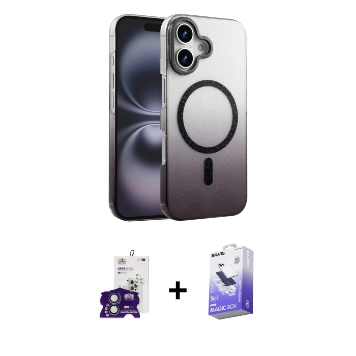 MARSİLYAN™- iPhone 16 Kılıf Ahenk Doku Özel Seri - Siyah Bilvis 5in1 5D Magic Hayalet Cam Ekran Koruyucu + Bilvis Titan Kamera Lens - YL